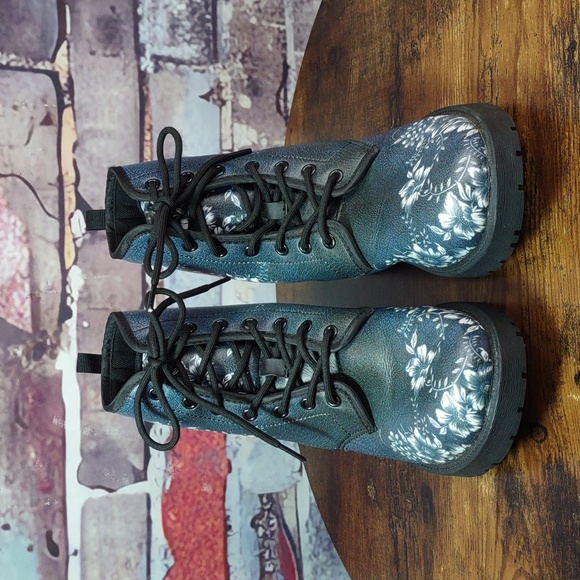 Blue Floral Vegan Leather Combat Boots - Picture 2 of 11